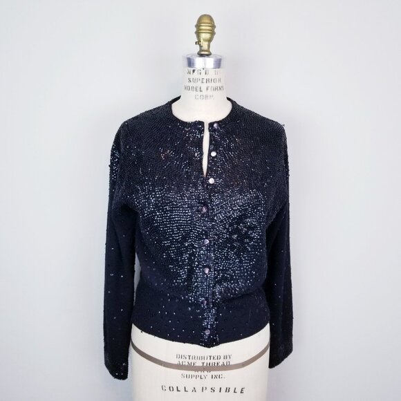 Vintage 1950's Black Sequin & Beaded Lambswool Angora Sparkly Cardigan * Med/Lrg - Picture 1 of 9